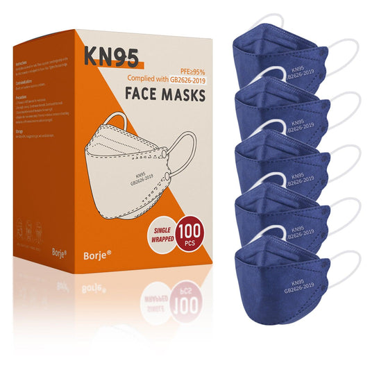 Borje® KN95 Face Masks, 100 Pcs Disposable Face Masks, Navy Blue Mask Against PM2.5 from Fire Smoke & Dust Filter Efficiency 95% - Borje