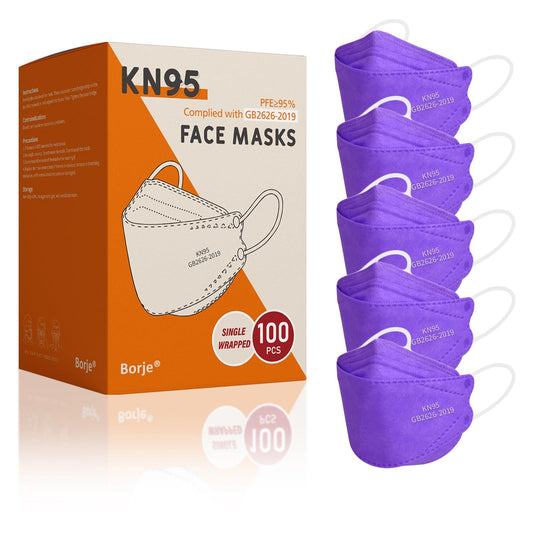 Borje® KN95 Face Masks, 100 Pcs Disposable Face Masks, Purple Mask Against PM2.5 from Fire Smoke & Dust Filter Efficiency 95% - Borje